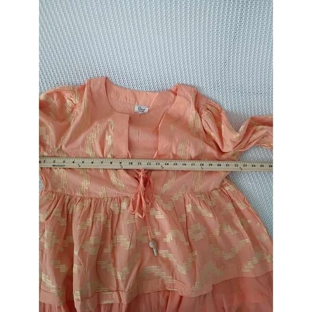NWT RHEA Peach Gold Metallic Ikat Boho Tiered 100% Cotton Mini Dress L XL V-Neck - Picture 8 of 14